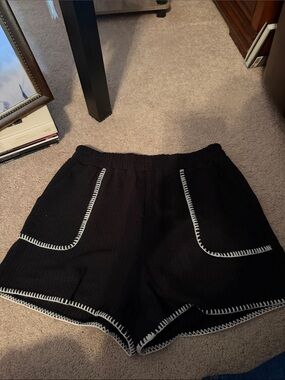 Black Knit Athletic Shorts with White Stitch Trim